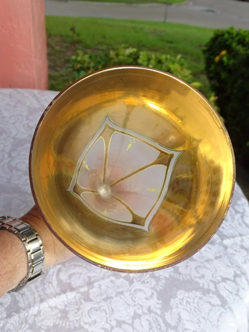 Art Deco Crystal Tall Vase Painted Gold with Lilies of the Valley 10 1/2